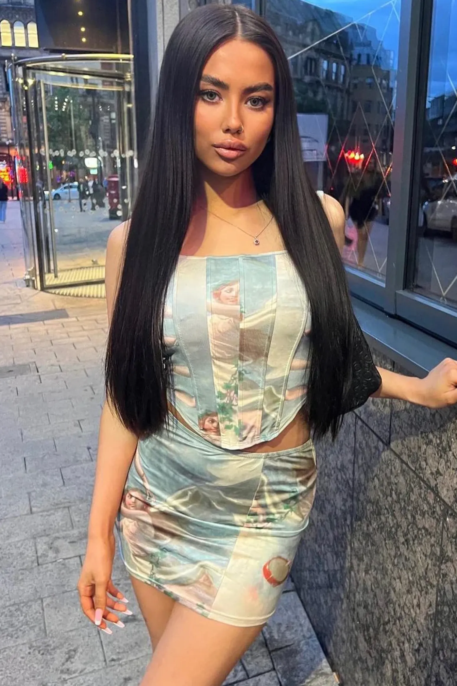 Rebellious Fashion Blue Renaissance Print Corset Detail Top & Mini Skirt Co-ord Set - Rini