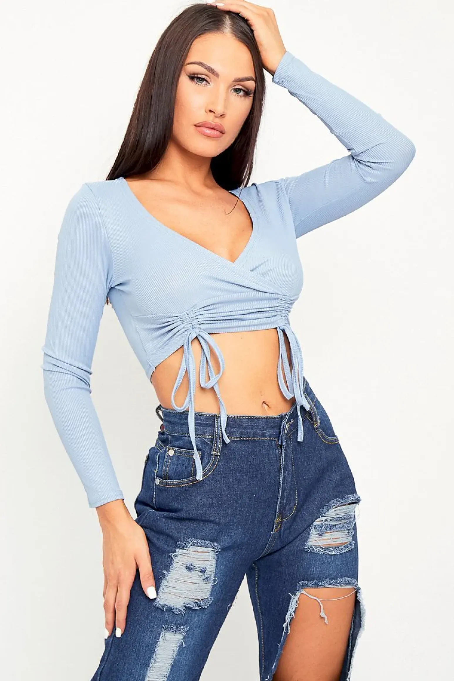 Rebellious Fashion Blue Ribbed Plunge Neckline Crop Top - Kaile
