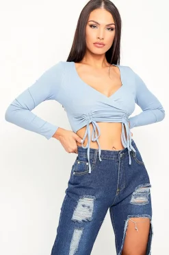Rebellious Fashion Blue Ribbed Plunge Neckline Crop Top - Kaile