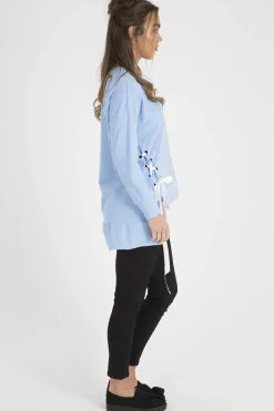 Rebellious Fashion Blue Ribbon Lace Up Dipped Hem Jumper - Wilma