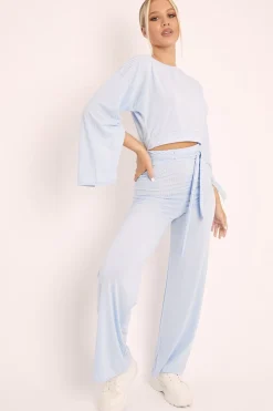Rebellious Fashion Blue Rib Crop Jumper Tie Wide Leg Trousers Loungewear Co-Ord - Mirabel