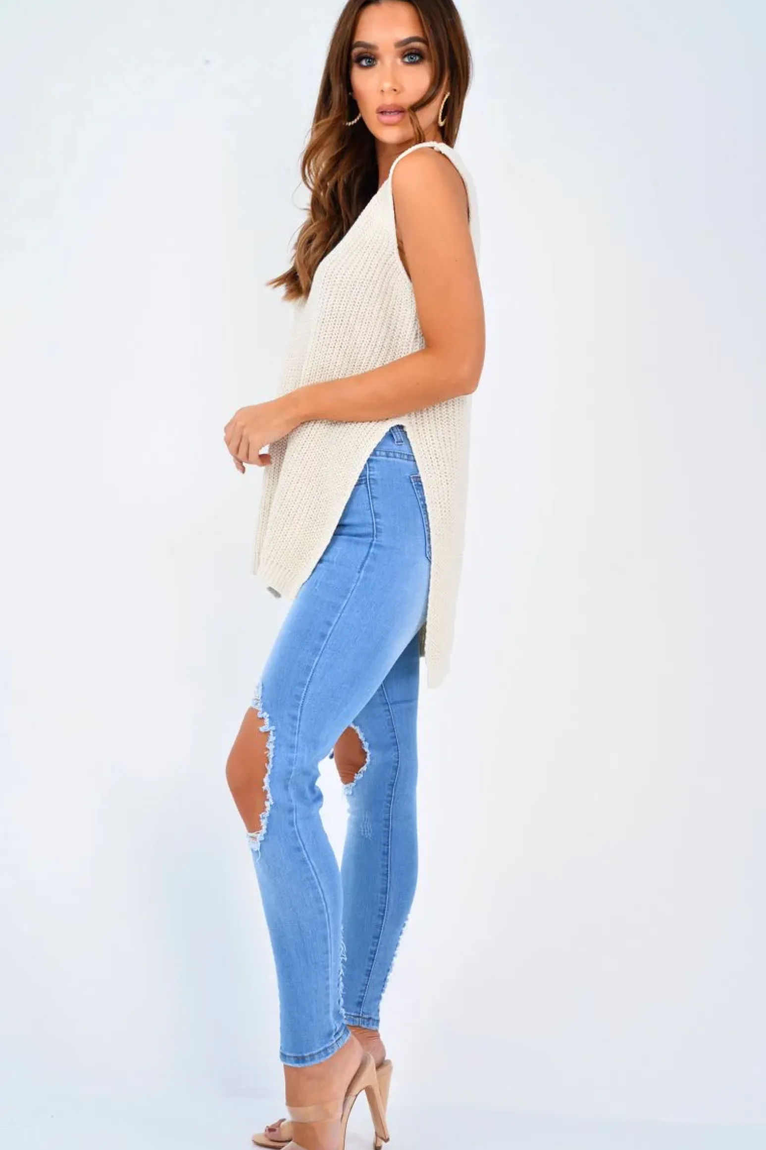 Rebellious Fashion Blue Ripped Knee Skinny Jeans - Chanelle