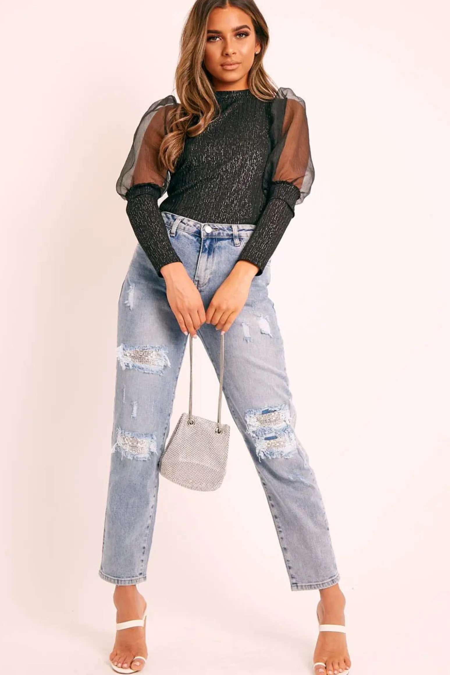 Rebellious Fashion Blue Ripped Silver Diamante Embellished Boyfriend Jeans - Naina