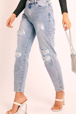 Rebellious Fashion Blue Ripped Silver Diamante Embellished Boyfriend Jeans - Naina