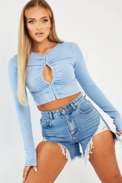Rebellious Fashion Blue Ruched Centre Front Fastening Crop Top - Cambrea