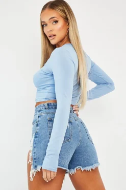 Rebellious Fashion Blue Ruched Centre Front Fastening Crop Top - Cambrea