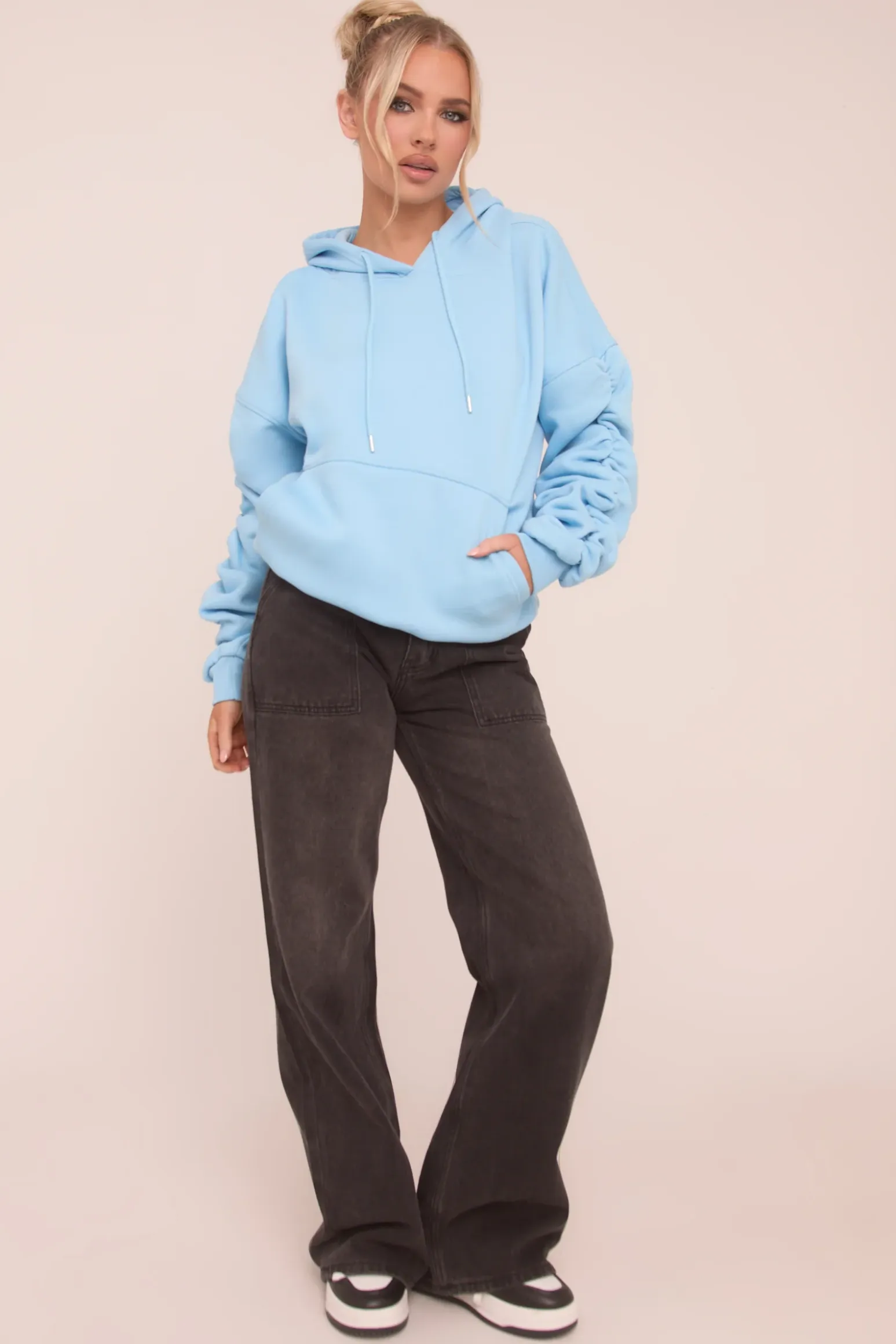 Rebellious Fashion Blue Ruched Sleeve Oversized Hoodie - Lorna