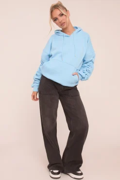 Rebellious Fashion Blue Ruched Sleeve Oversized Hoodie - Lorna