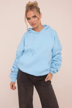 Rebellious Fashion Blue Ruched Sleeve Oversized Hoodie - Lorna