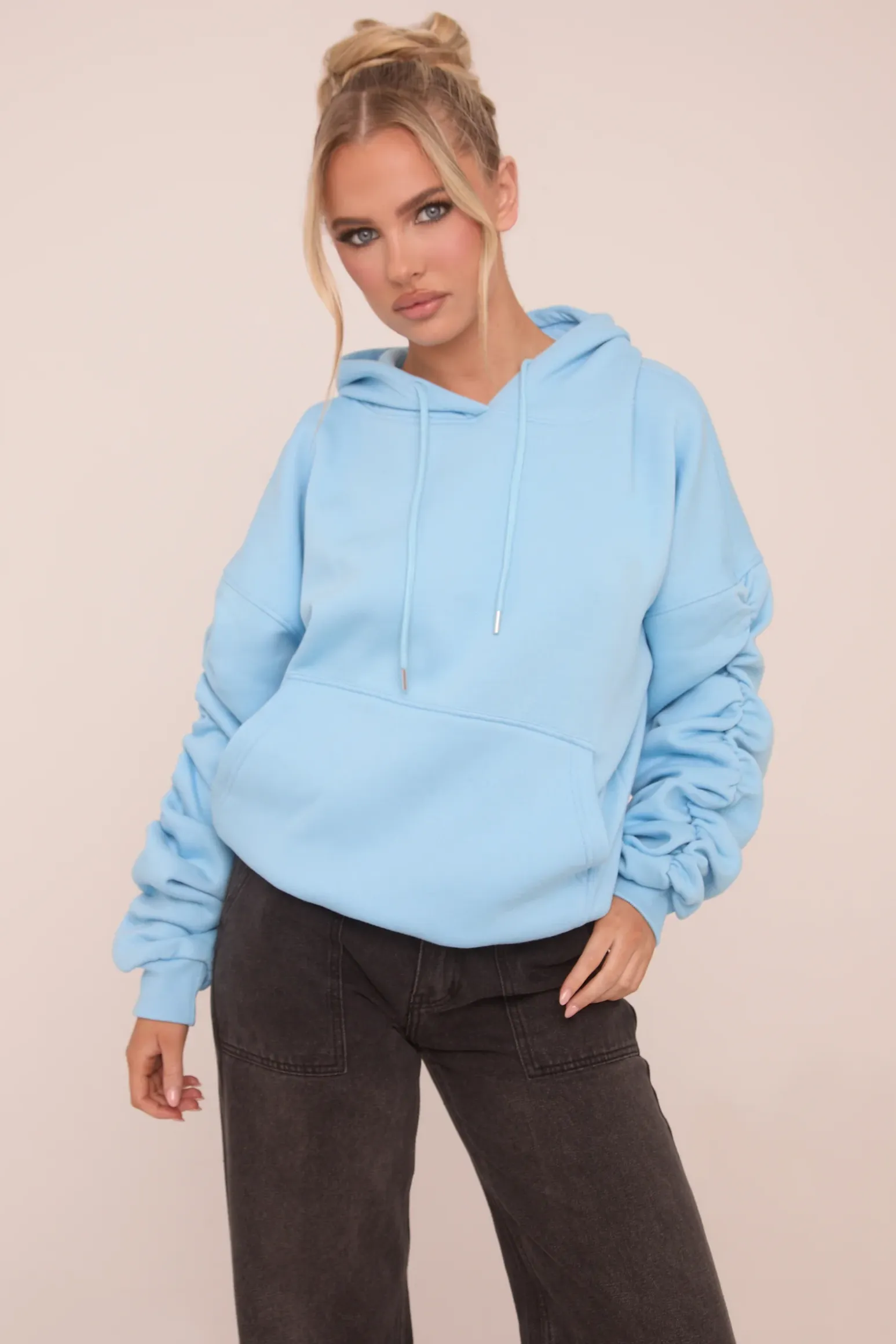 Rebellious Fashion Blue Ruched Sleeve Oversized Hoodie - Lorna