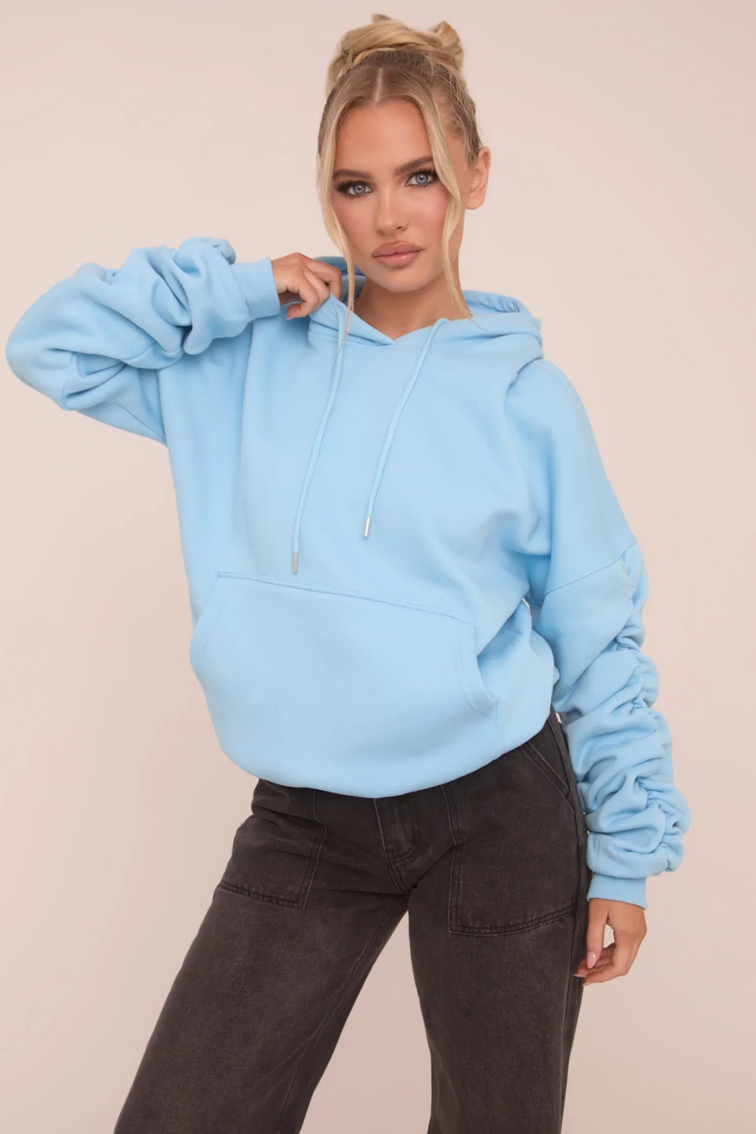 Rebellious Fashion Blue Ruched Sleeve Oversized Hoodie - Lorna