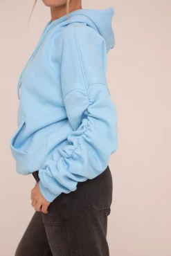 Rebellious Fashion Blue Ruched Sleeve Oversized Hoodie - Lorna