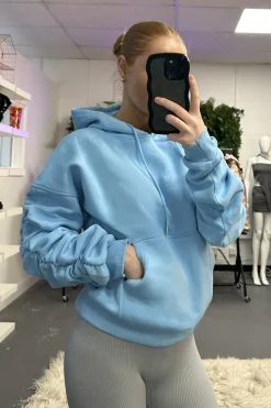 Rebellious Fashion Blue Ruched Sleeve Oversized Hoodie - Lorna