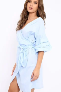 Rebellious Fashion Blue Ruched Sleeve Wrap Around Dress - Marly