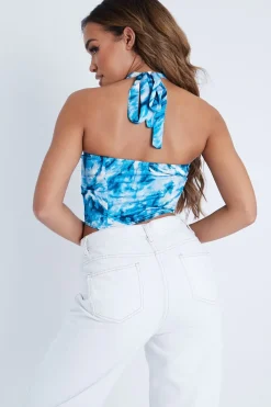 Rebellious Fashion Blue Ruched Tie Dye Tie Neck Crop Top - Joyce