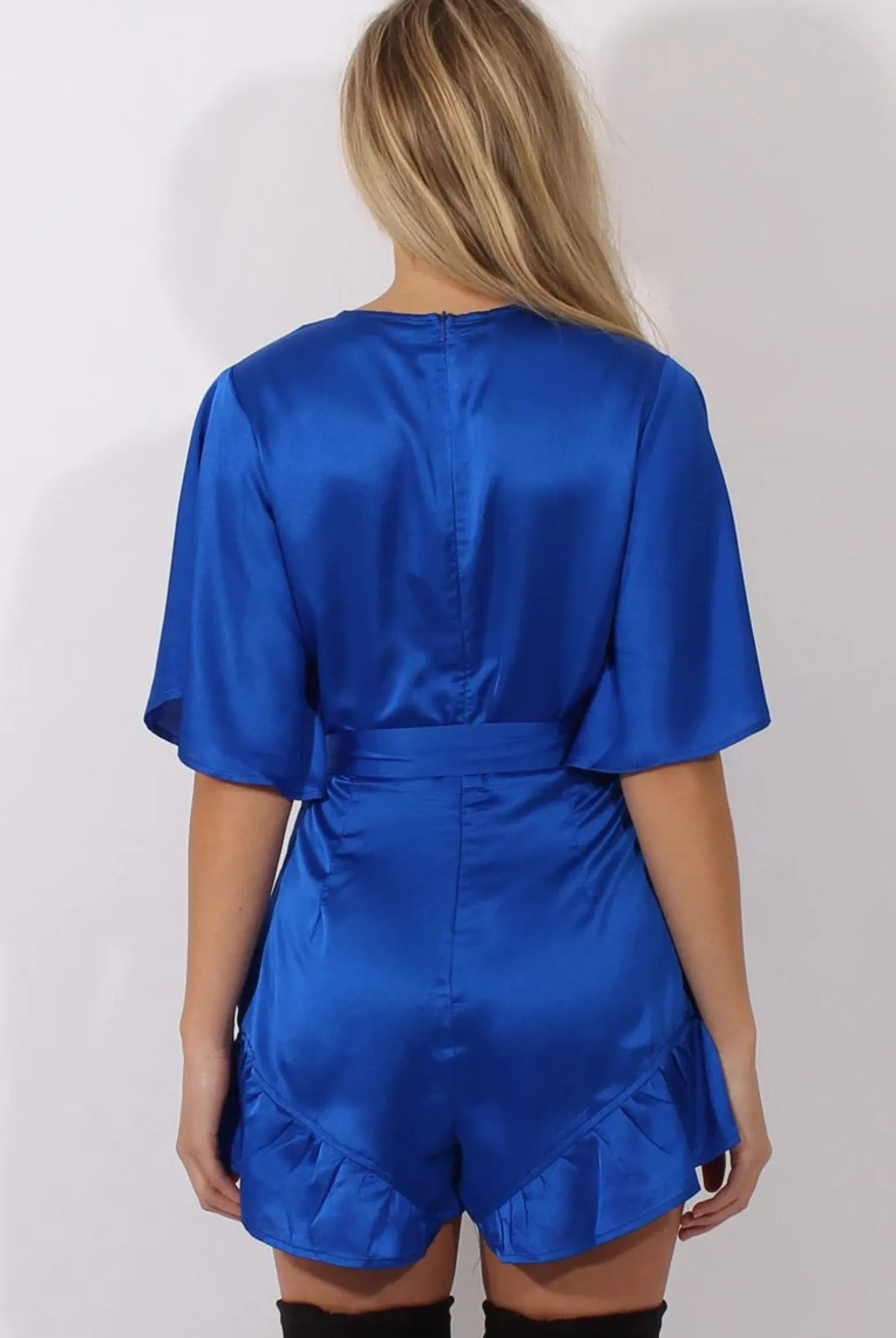 Rebellious Fashion Blue Satin Plunge Flared Sleeve Tied Waist Playsuit - Crystal