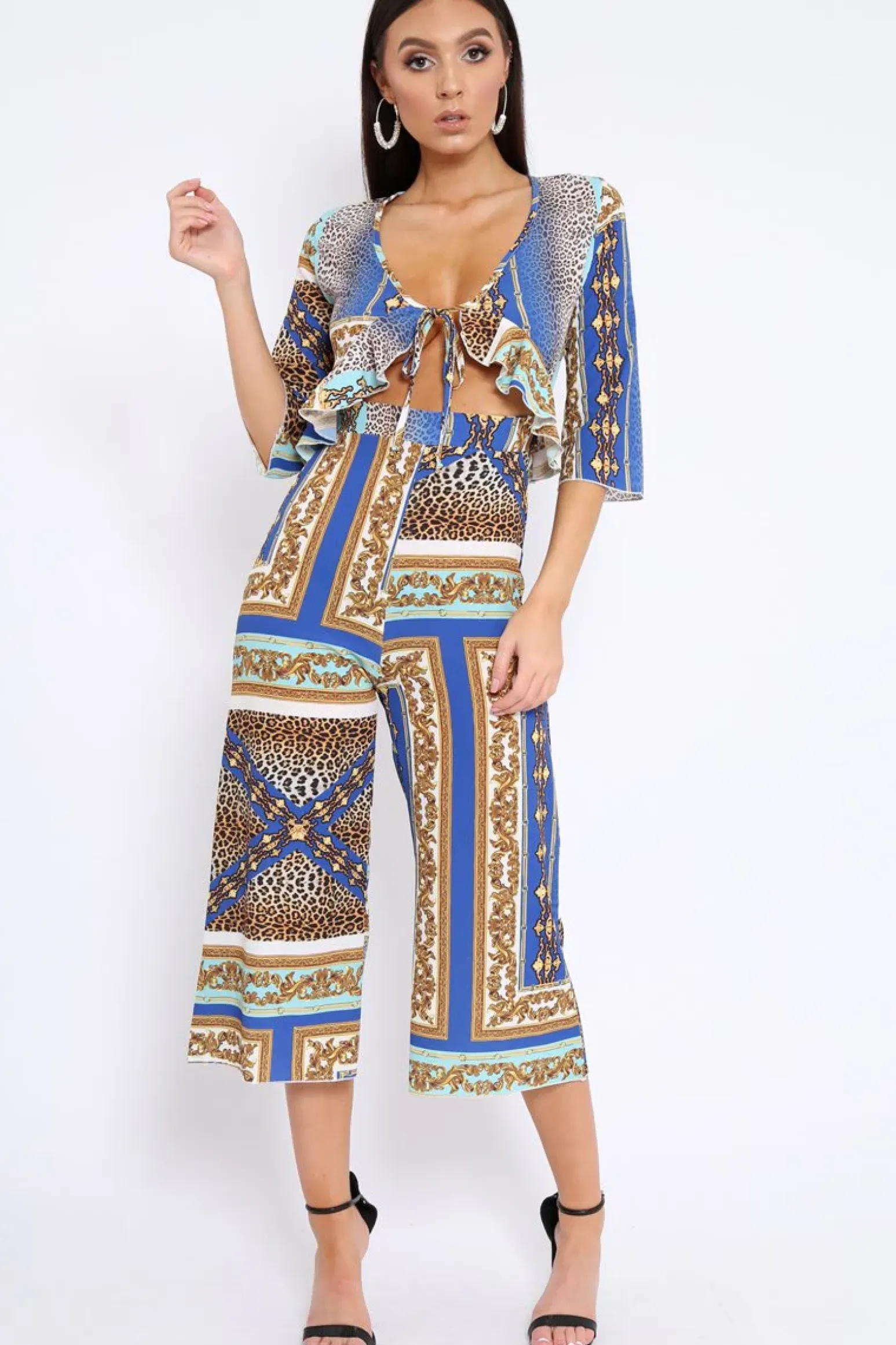 Rebellious Fashion Blue Scarf Print Frill Cut Out Jumpsuit - Nikola