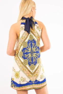Rebellious Fashion Blue Scarf Print Sleeveless Tie Back Swing Dress - Jessey