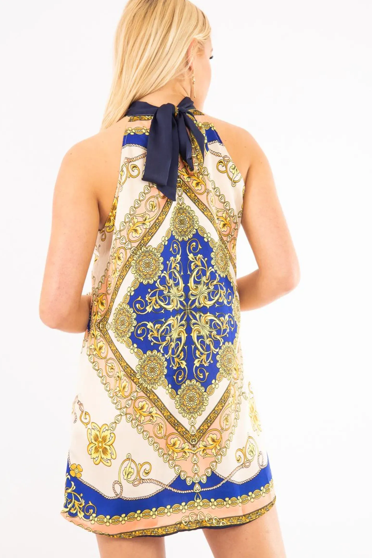 Rebellious Fashion Blue Scarf Print Sleeveless Tie Back Swing Dress - Jessey