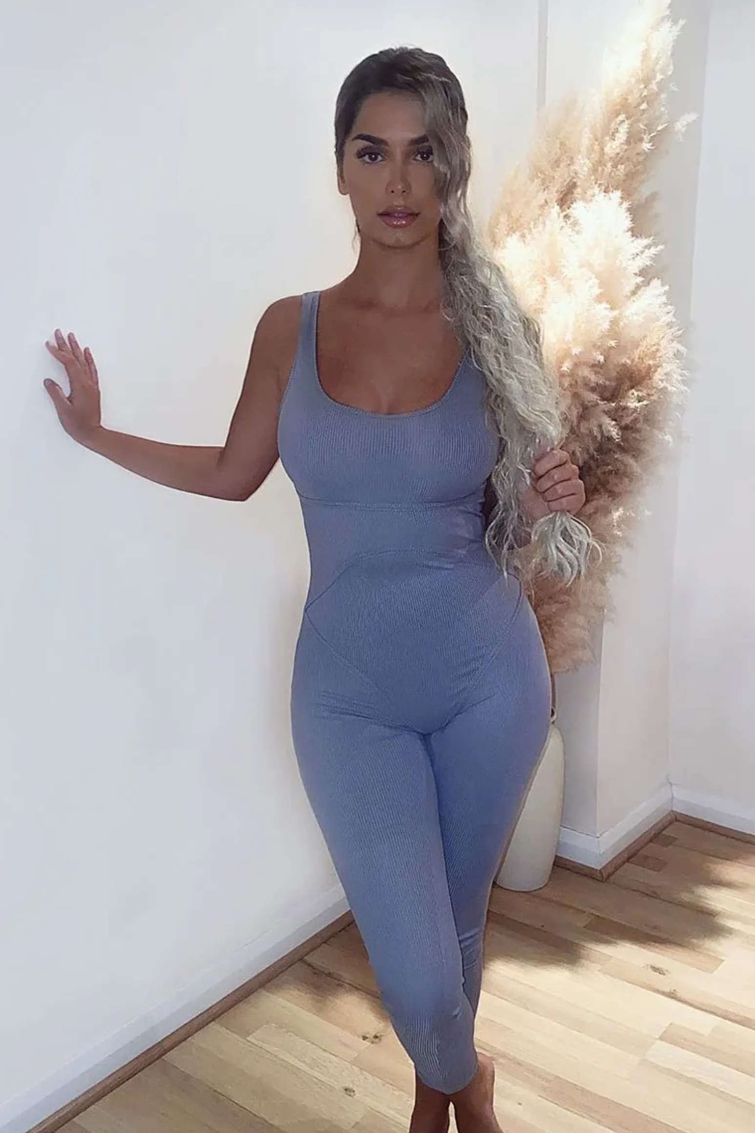 Rebellious Fashion Blue Seam Corset Detail Bodycon Jumpsuit - Natalia