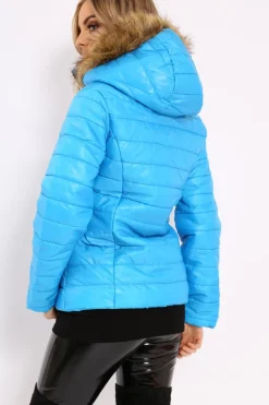 Rebellious Fashion Blue Shiny Puffer Coat with Fur Hood - Idy