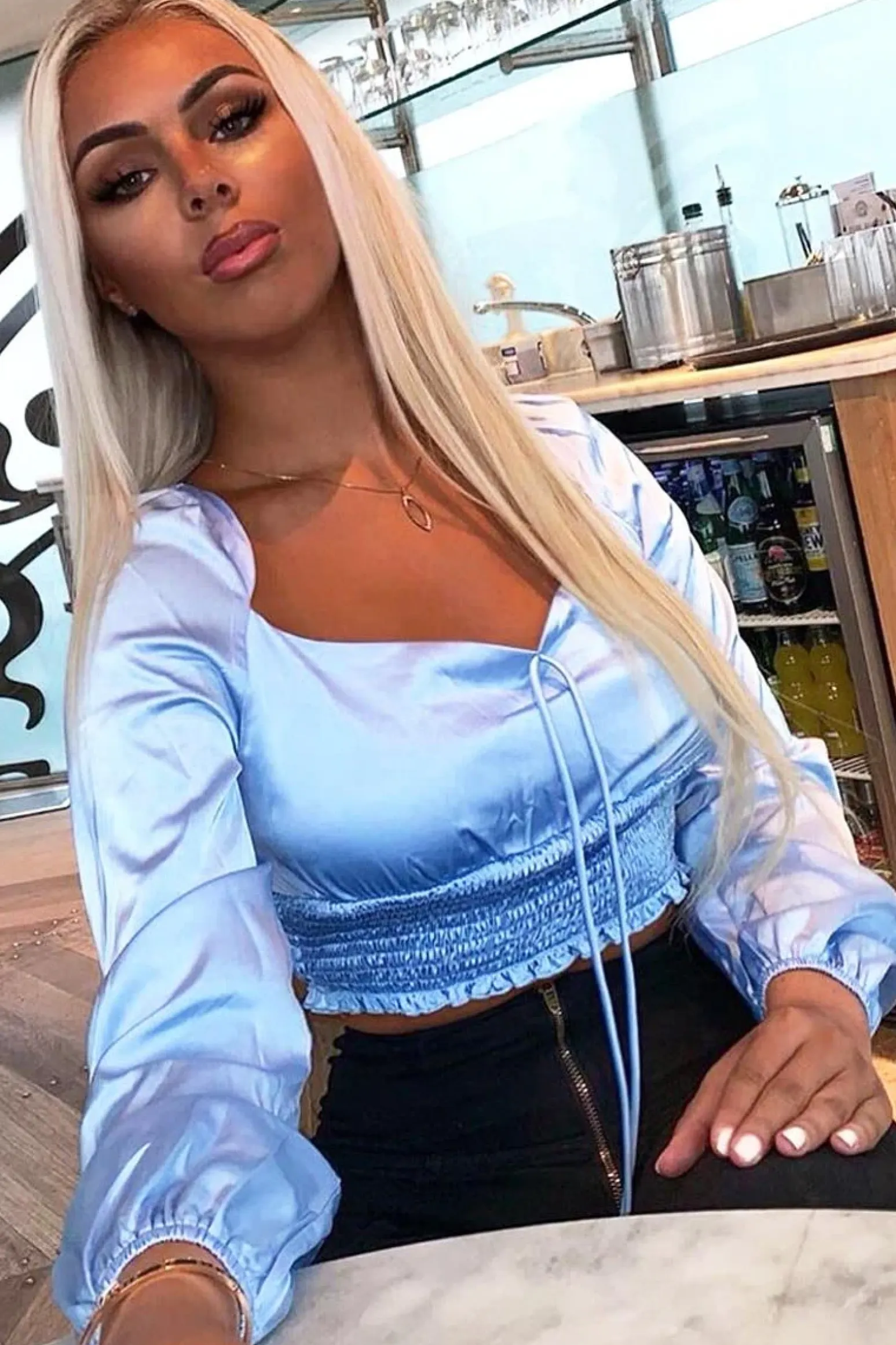 Rebellious Fashion Blue Shirred Long Sleeve Strap Back Detail Crop Top -Traniyah