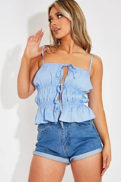 Rebellious Fashion Blue Shirred Tie Front Top - Jadalee