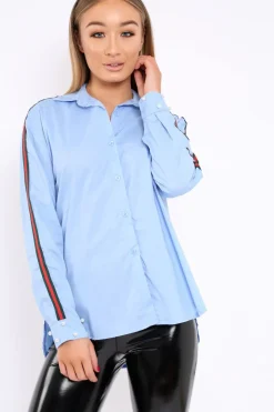 Rebellious Fashion Blue Shirt with Red and Green Contrast Stripe and Pearl Cuffs - Cindey