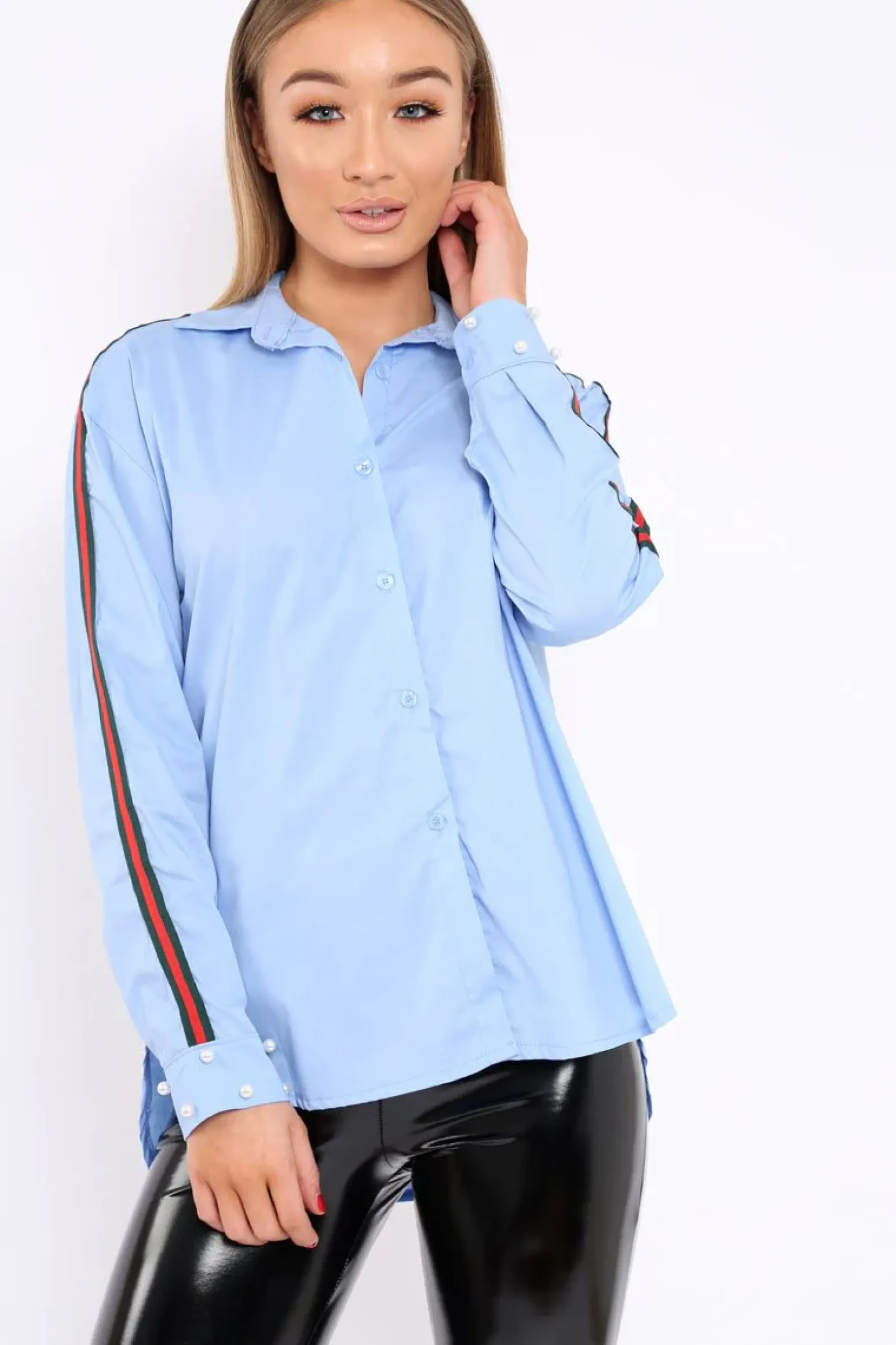 Rebellious Fashion Blue Shirt with Red and Green Contrast Stripe and Pearl Cuffs - Cindey