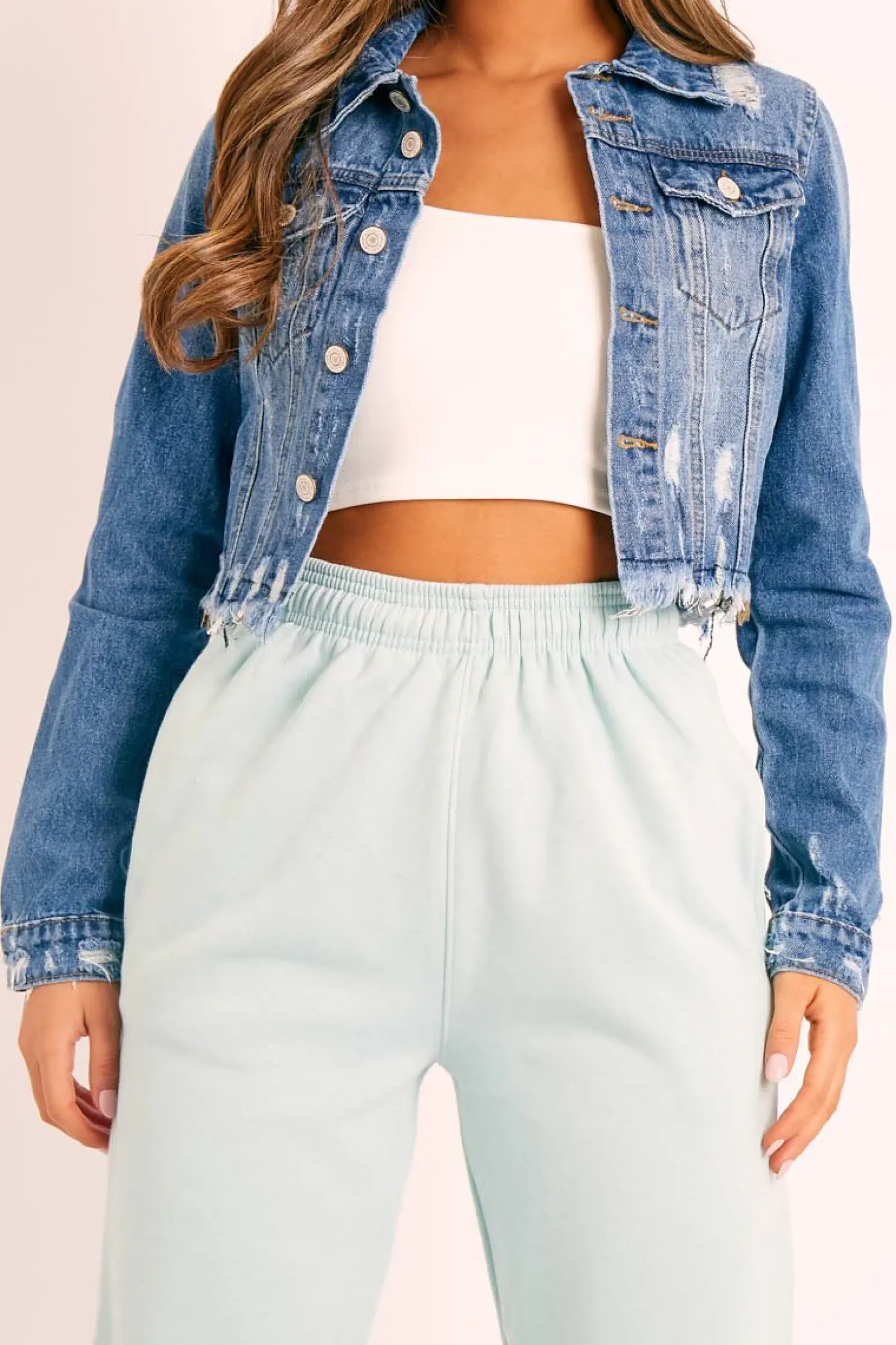 Rebellious Fashion Blue Slim Fit Distressed Cropped Denim Jacket - Ember