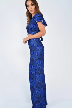 Rebellious Fashion Blue Snake Print Tie Back Crop Top And Wide Leg Trouser Co-ord - Georgine