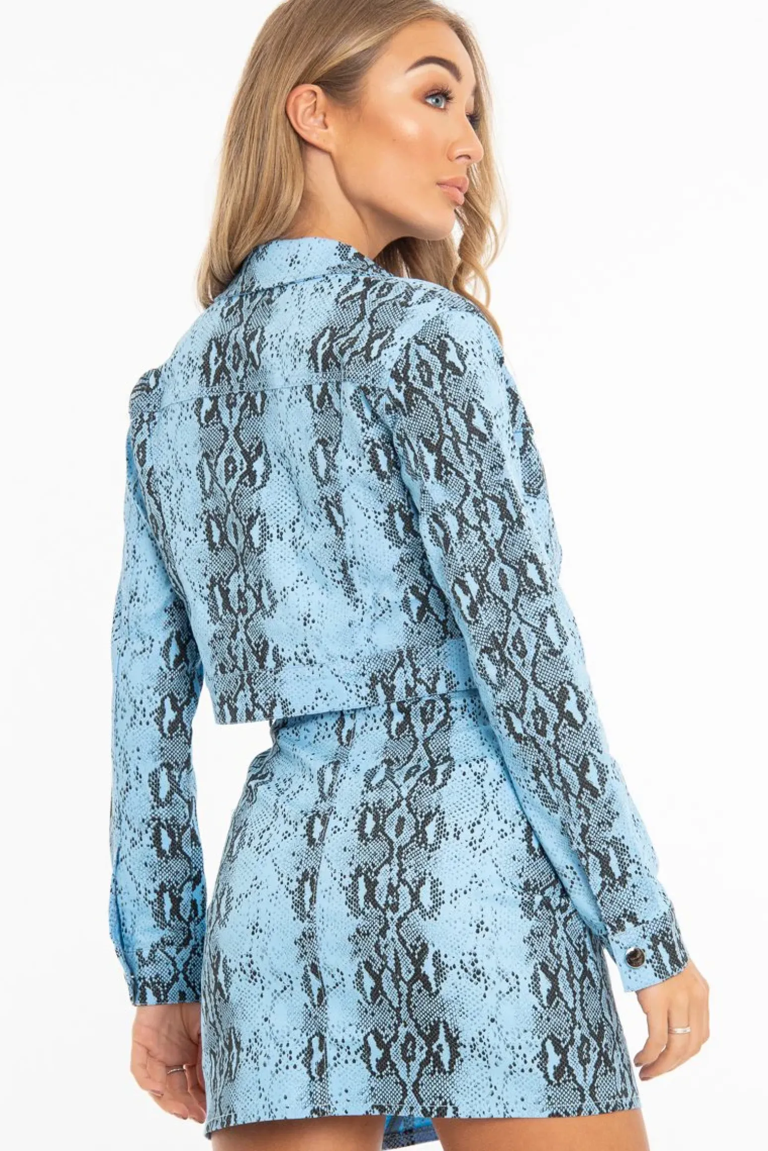 Rebellious Fashion Blue Snake Print Trucker Jacket Mini Skirt Co-Ord - Kiera