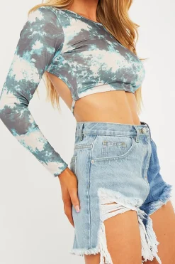 Rebellious Fashion Blue Splice Denim Extreme Rip Front Shorts - Aarya