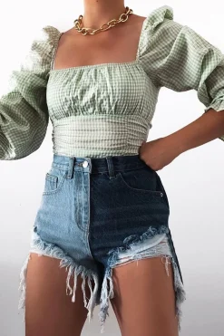 Rebellious Fashion Blue Splice Denim Extreme Rip Front Shorts - Aarya