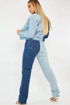 Rebellious Fashion Blue Splice Two Tone Straight Jeans - Aaisha