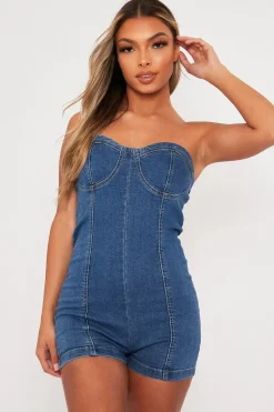 Rebellious Fashion Blue Strapless Cupped Denim Playsuit - Mandi