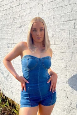 Rebellious Fashion Blue Strapless Cupped Denim Playsuit - Mandi