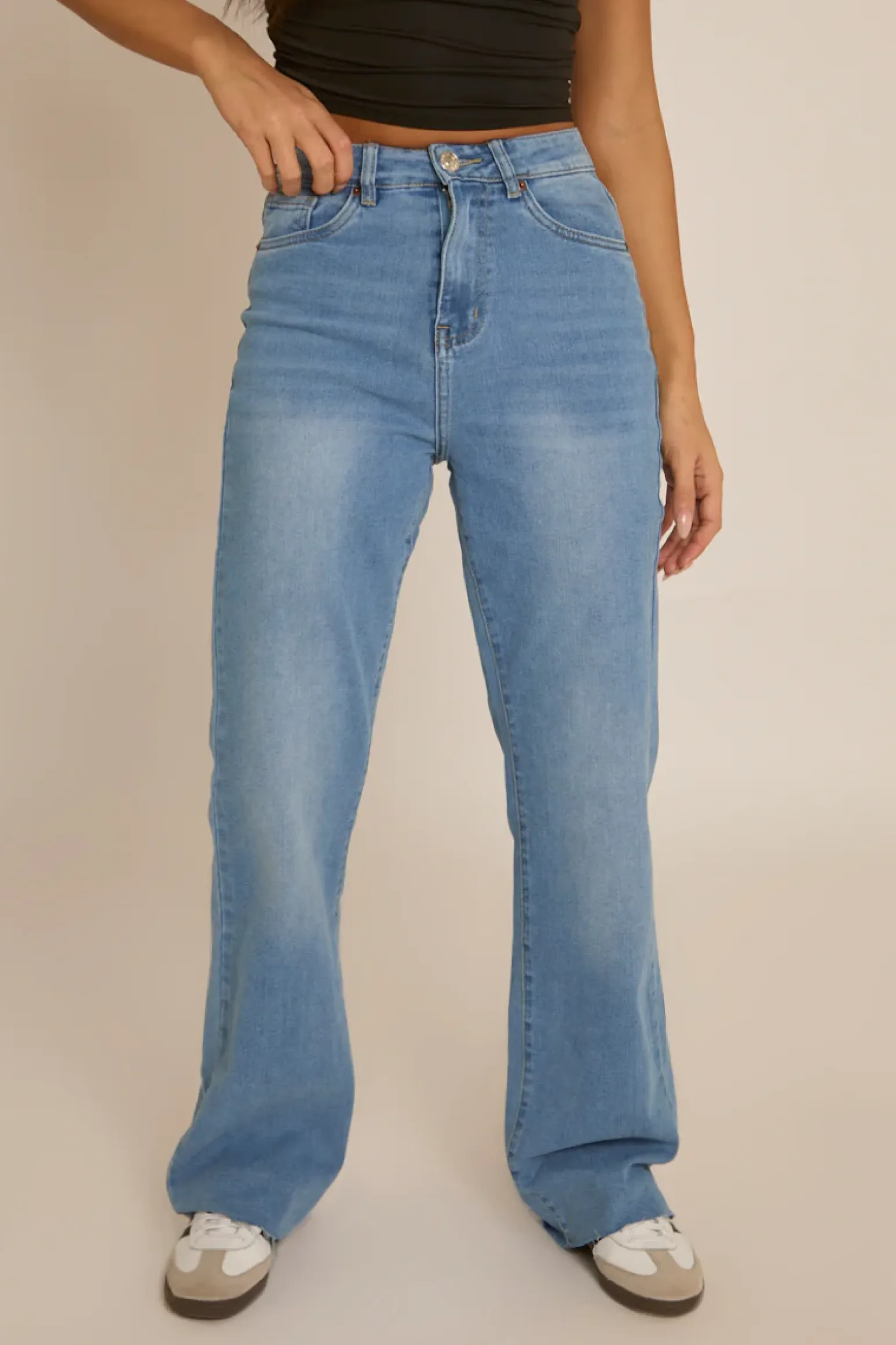 Rebellious Fashion Blue Stretch Straight Leg Frayed Hem Jeans - Scarlett