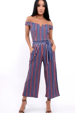 Rebellious Fashion Blue Stripe Bardot V Dip Jumpsuit - Lisah