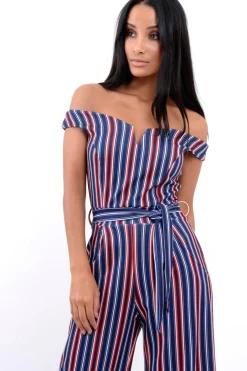 Rebellious Fashion Blue Stripe Bardot V Dip Jumpsuit - Lisah