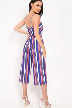 Rebellious Fashion Blue Stripe Button Front Tie Waist Jumpsuit - Tavi