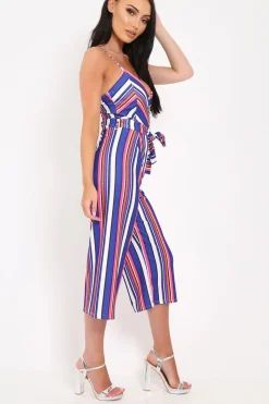 Rebellious Fashion Blue Stripe Button Front Tie Waist Jumpsuit - Tavi