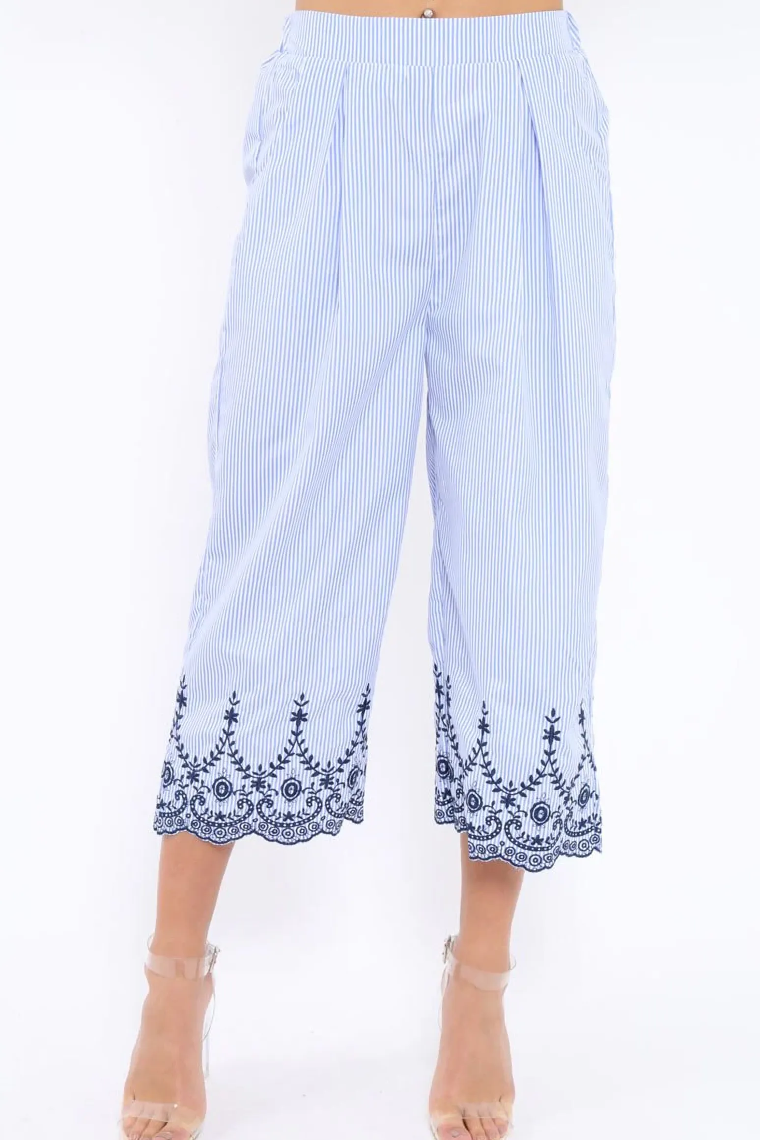 Rebellious Fashion Blue Stripe Cropped Wide Leg Trousers - Eliana