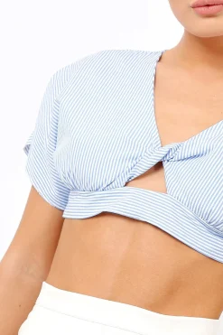 Rebellious Fashion Blue Striped Bow Back crop Top - Jayme