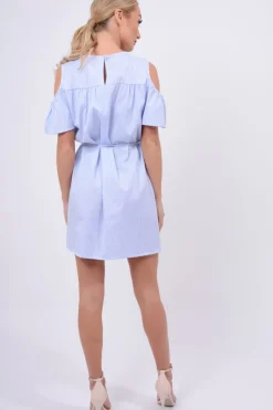 Rebellious Fashion Blue Striped Cold Shoulder Embroidered Shirt Dress - Isadora