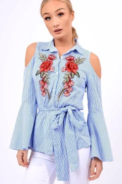 Rebellious Fashion Blue Striped Cold Shoulder Tie Shirt - Aniyah