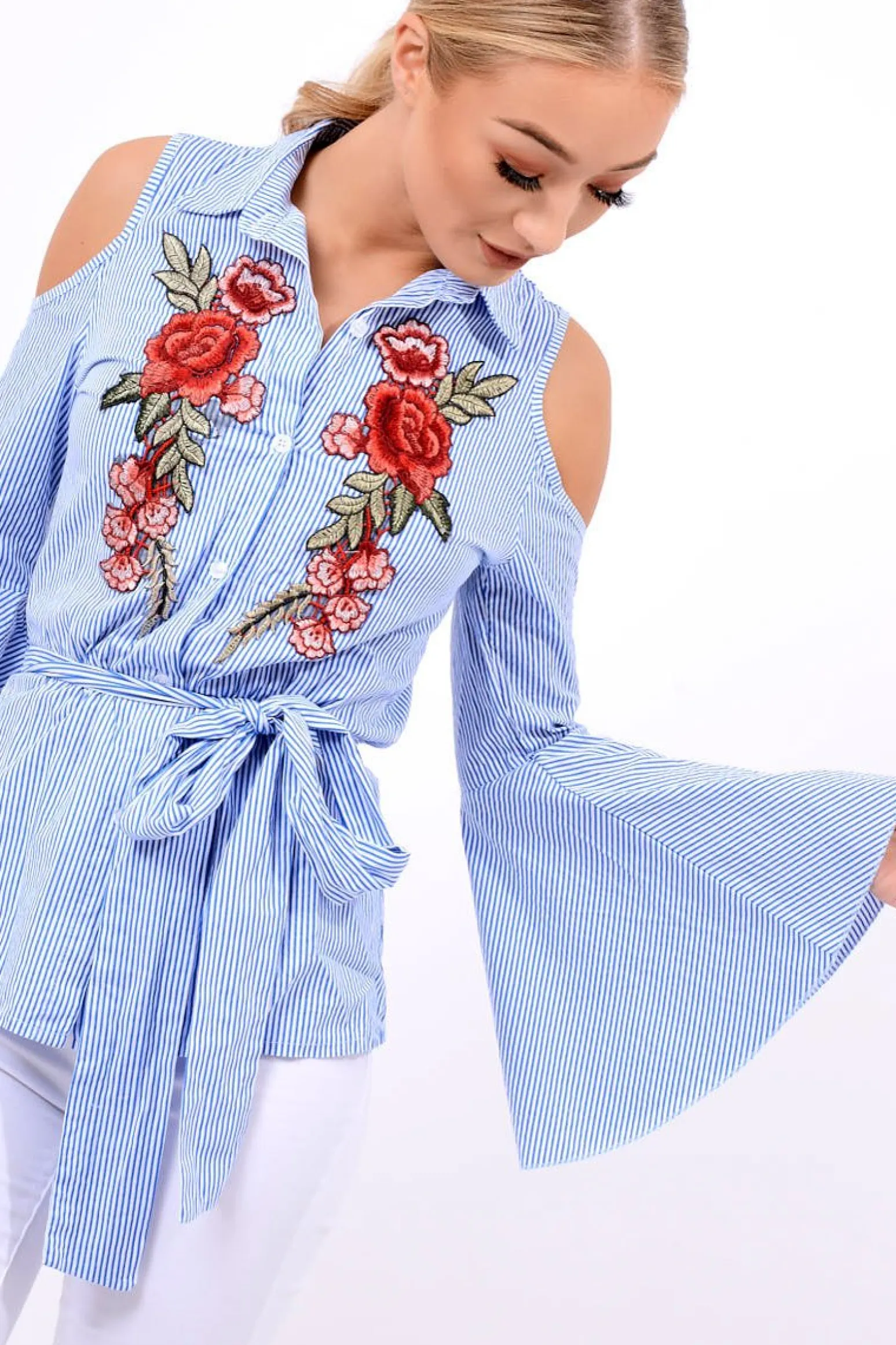 Rebellious Fashion Blue Striped Cold Shoulder Tie Shirt - Aniyah