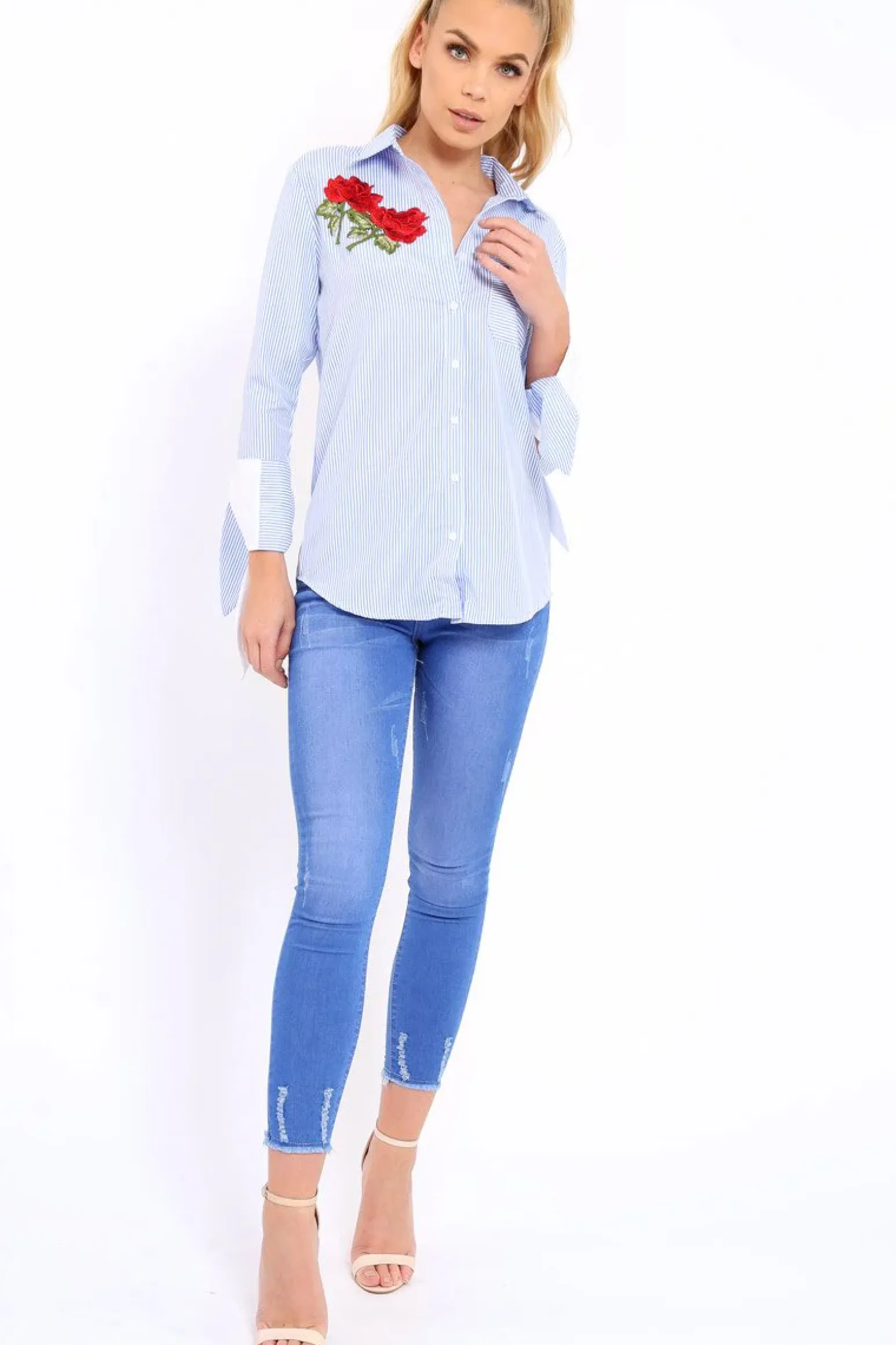 Rebellious Fashion Blue Striped Embroidered Bell Sleeve Shirt - Tamra