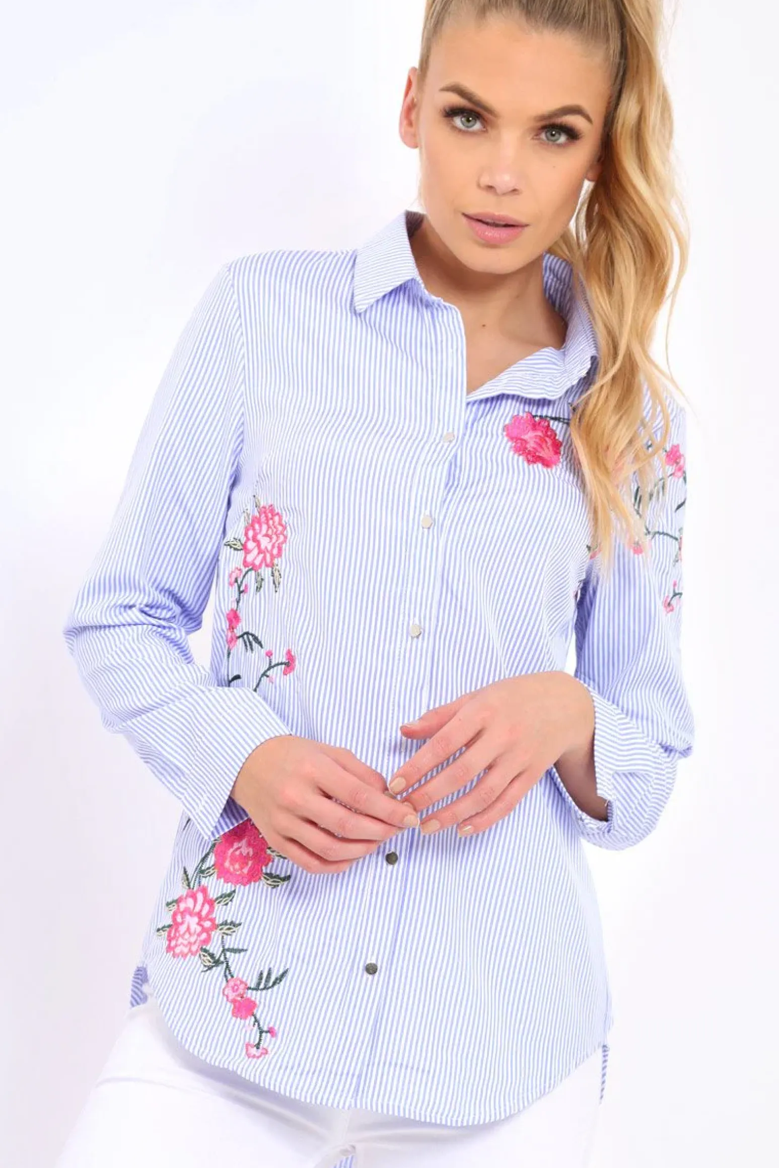 Rebellious Fashion Blue Striped Floral Embroidered Shirt - Fifi