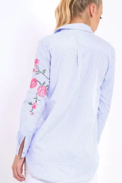 Rebellious Fashion Blue Striped Floral Embroidered Shirt - Fifi